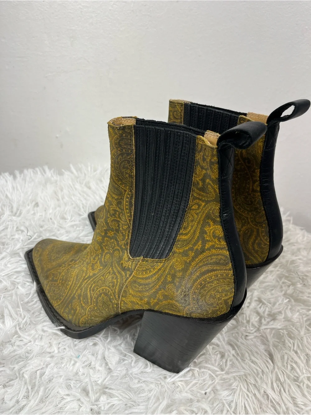 John Fluevog Yellow Paisley Diana Chelsea Booties with Black Trim - Picture 3 of 11